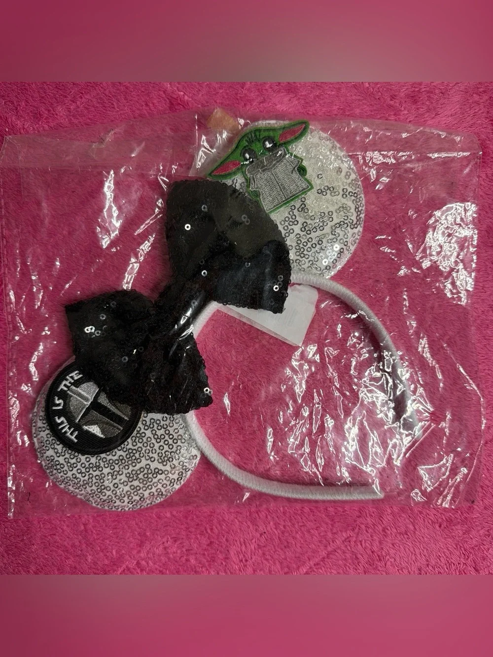 Sequin Ear Headband with Black Bow and Character Patches